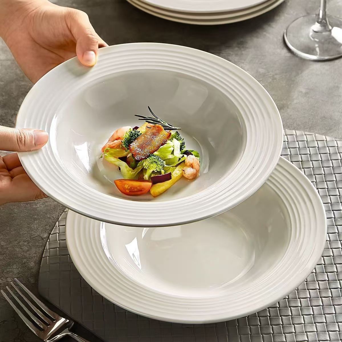 white straw hat plate deep plates pasta plate high-grade plastic salad western food plate light luxury bowl dish tableware dish