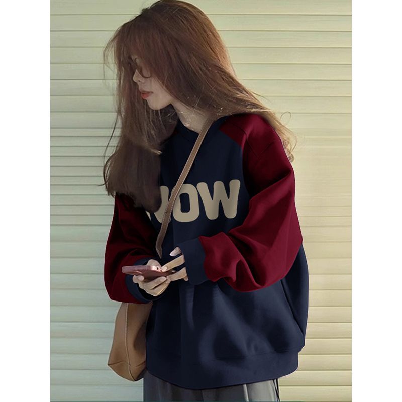 autumn and winter new letter print contrast color raglan round neck sweater for women fleece-lined minority all-match couple clothes