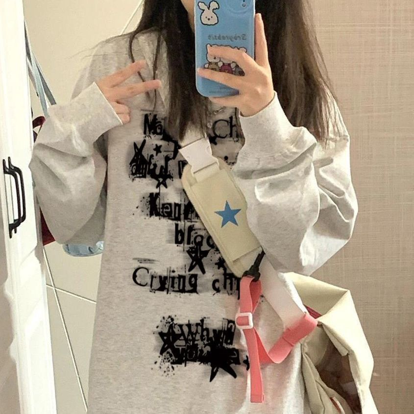 american national fashion brand star letters heavy long-sleeved t-shirt women‘s autumn loose design high street top fleece-lined thickened