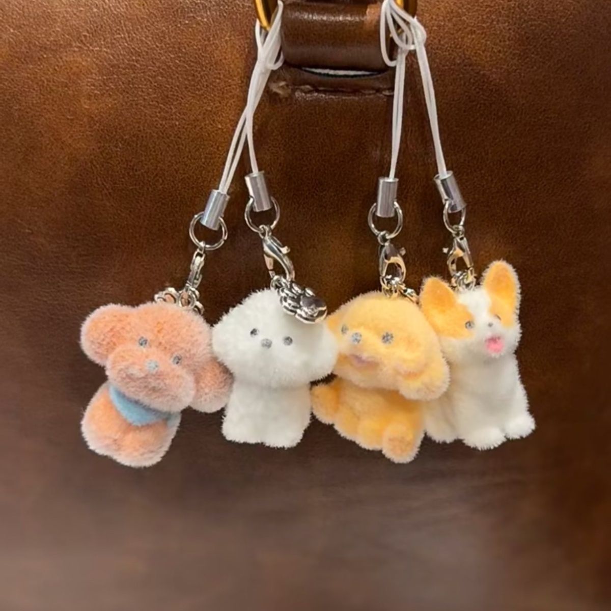 korean ins lovely soft cute flocking dog mobile phone lanyard car keychain airpods pendant chain autumn and winter