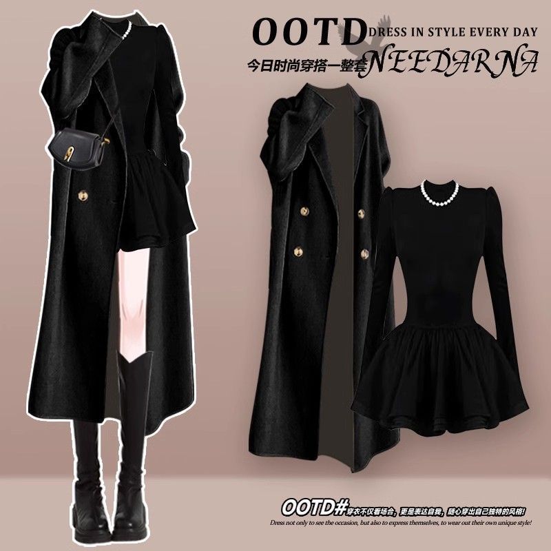 winter wear a set of women‘s 2024 new temperament youthful-looking trench coat and overcoat coat slimming dress two-piece set