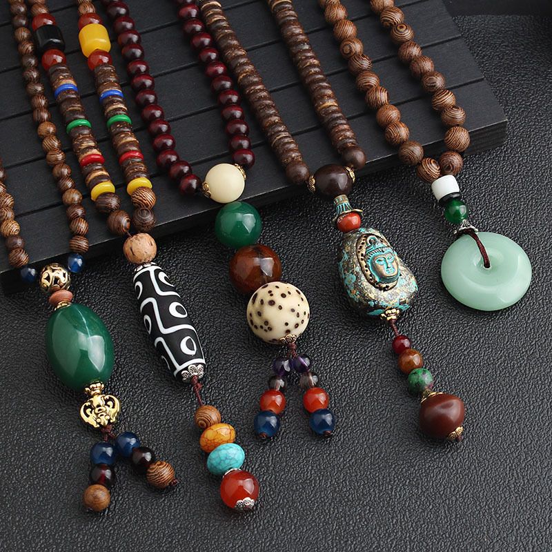 simple all-match ethnic sweater chain long buddha beaded necklace men‘s and women‘s vintage upscale wooden cotton and linen accessories pendant