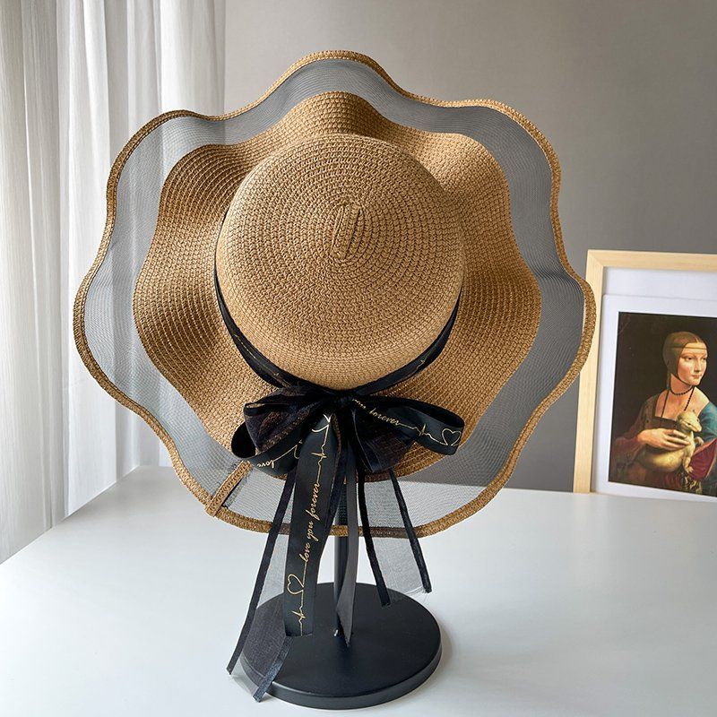 beach hat sun protection net gauze hat female summer straw hat bow big brim sun hat seaside travel holiday sun hat