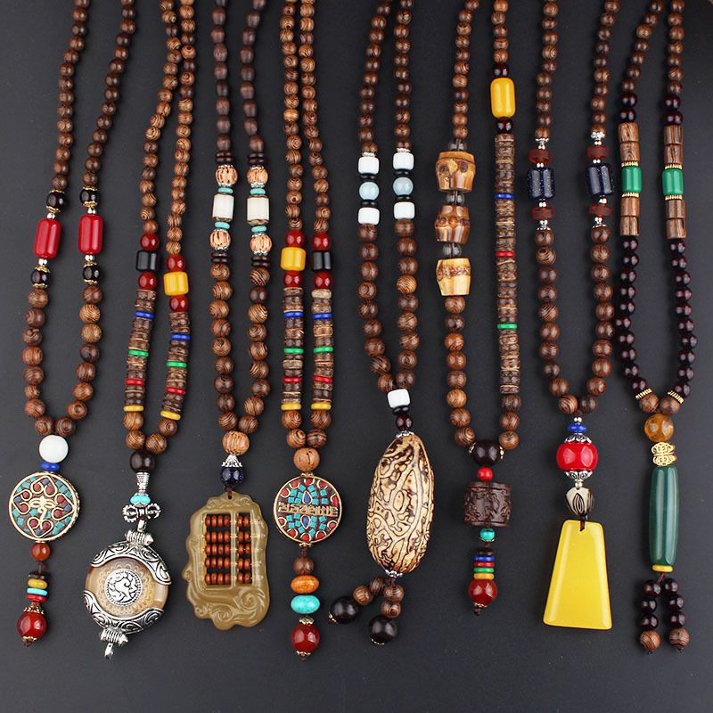 all-matching men‘s and women‘s retro ethnic sweater chain long wooden pendant buddha beaded necklace clothes accessories pendant ornament