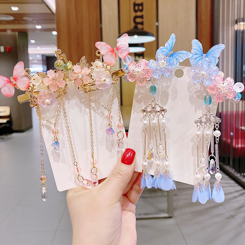 Antique Children Barrettes Hanfu Ancient Costume Hair Accessories Cute Girl Tassel Butterfly Hairpin Little Girl Super Fairy a Pair of Hairclips