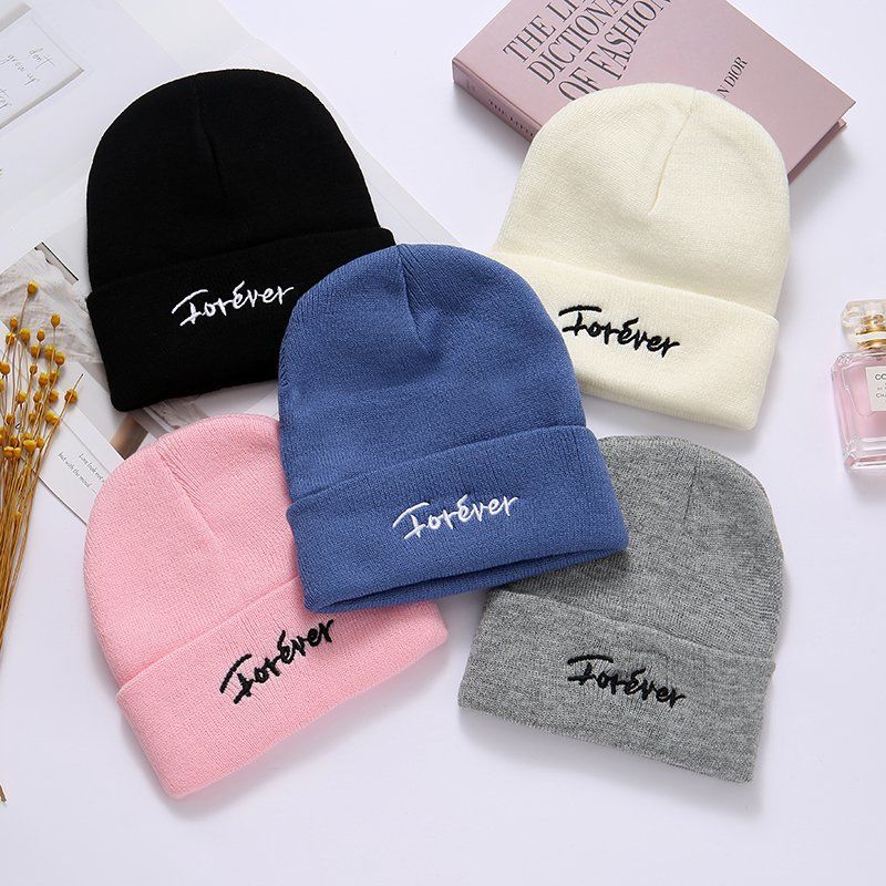 South Korea Warm Woolen Hat Men's and Women's Autumn and Winter Letter Embroidery Fashion All-Match Knitted Hat Couple Sve Cap Ear Protection