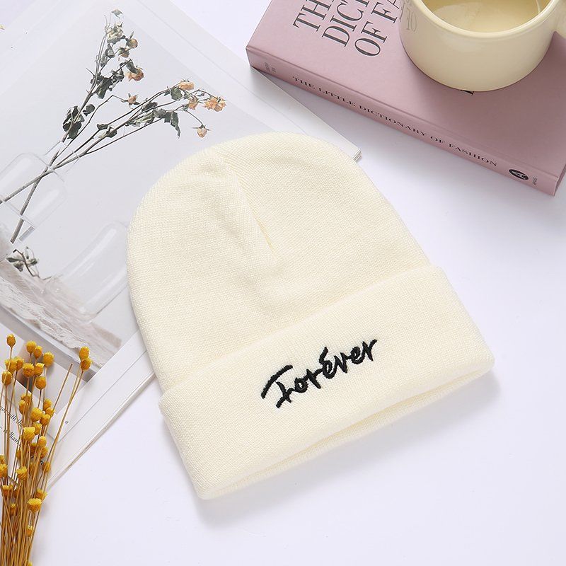 South Korea Warm Woolen Hat Men's and Women's Autumn and Winter Letter Embroidery Fashion All-Match Knitted Hat Couple Sve Cap Ear Protection