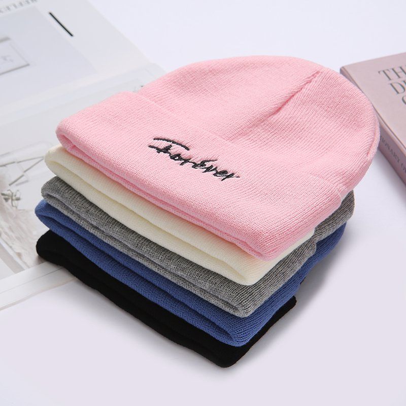 South Korea Warm Woolen Hat Men's and Women's Autumn and Winter Letter Embroidery Fashion All-Match Knitted Hat Couple Sve Cap Ear Protection