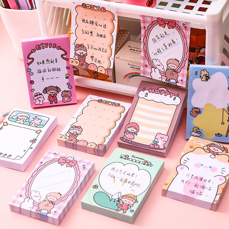 Cute Cartoon Doodle Girl Sticky Notes Internet Celebrity Student Girl Heart Note Sticker Learning Message Notepad 80 Pieces