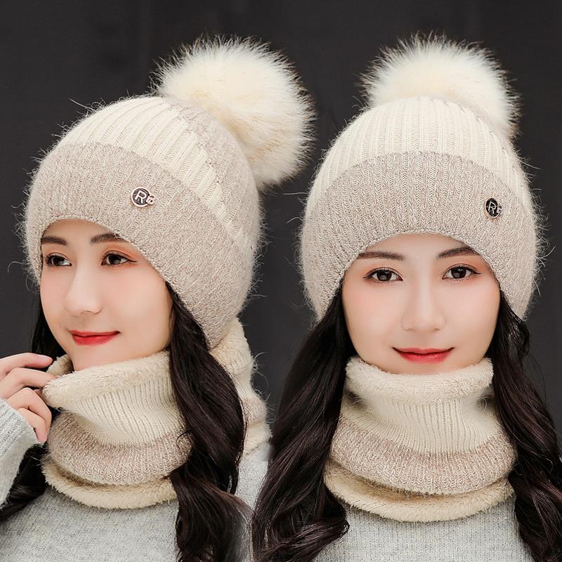 women‘s hat autumn winter korean style versatile cycling warm with velvet rabbit fur knitted hat cold protection earflaps thickened knitted hat