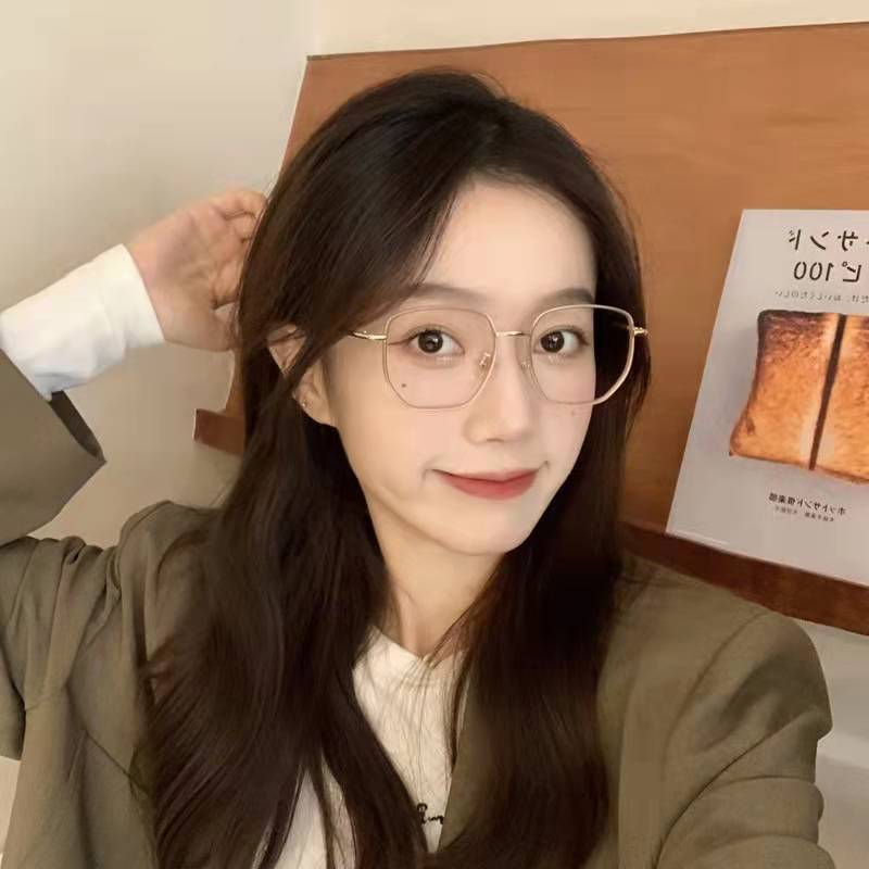 Ins Good-looking Glasses Plain Square Large Frame Myopia Glasses Glasses Female Face Small with Degrees Metal Glasses Rim