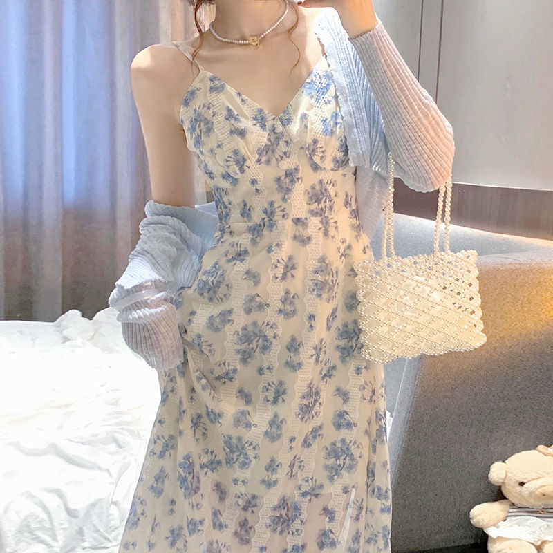 chiffon floral strap dress women‘s early spring and autumn 2022 new french waist-tight sweet and spicy skirt suit