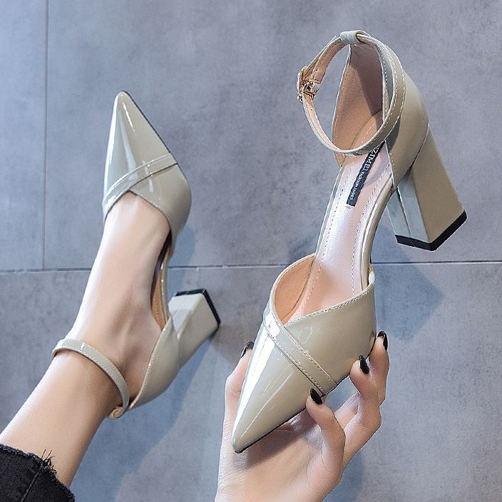 fresh high heels girl chunky heel 2022 new fashion patent leather ankle-strap shoes all-matching low-cut pointed-toe shoes