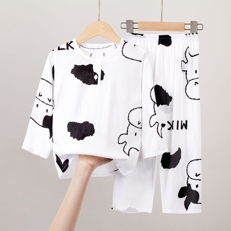 children‘s summer cotton pajamas suit thin boys‘ air conditioning clothes cotton silk long sleeve small medium and large children‘s home clothes