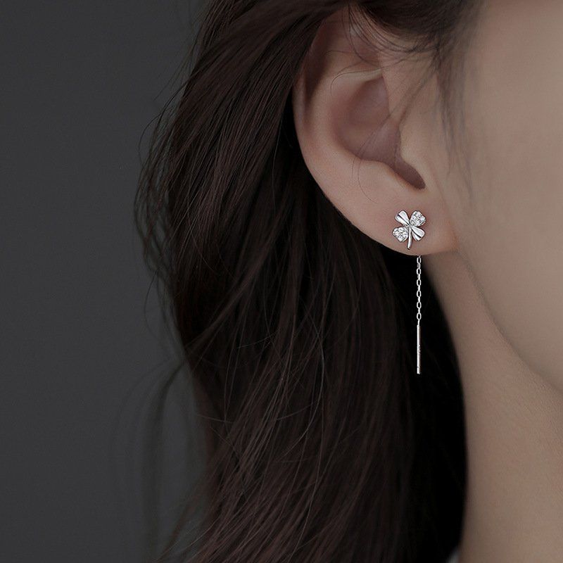 s925 sterling silver clover ear lines trendy women‘s tassel long ins earrings special-interest design temperament earrings internet celebrity