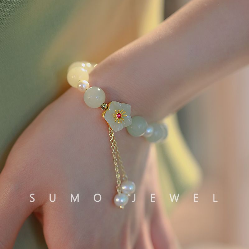 Hetian Yu Peach Blossom Bracelet Female Ins Special-Interest Design New Elegance Retro Bracelet Girlfriend Girlfriends Birthday Gift