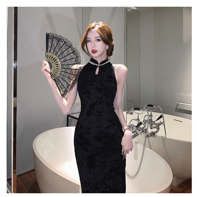 hepburn style flocking high-grade cheongsam elegant summer long slim sleeveless small black dress super slimming light mature dress