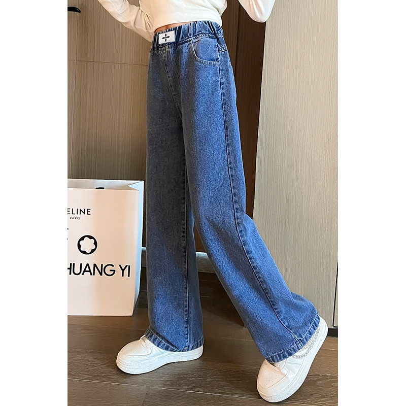 Girls' Pants Spring and Autumn 2024 Children's New Medium and Big Children Loose Western Style Casual Jeans Wide-Leg Pants for Students