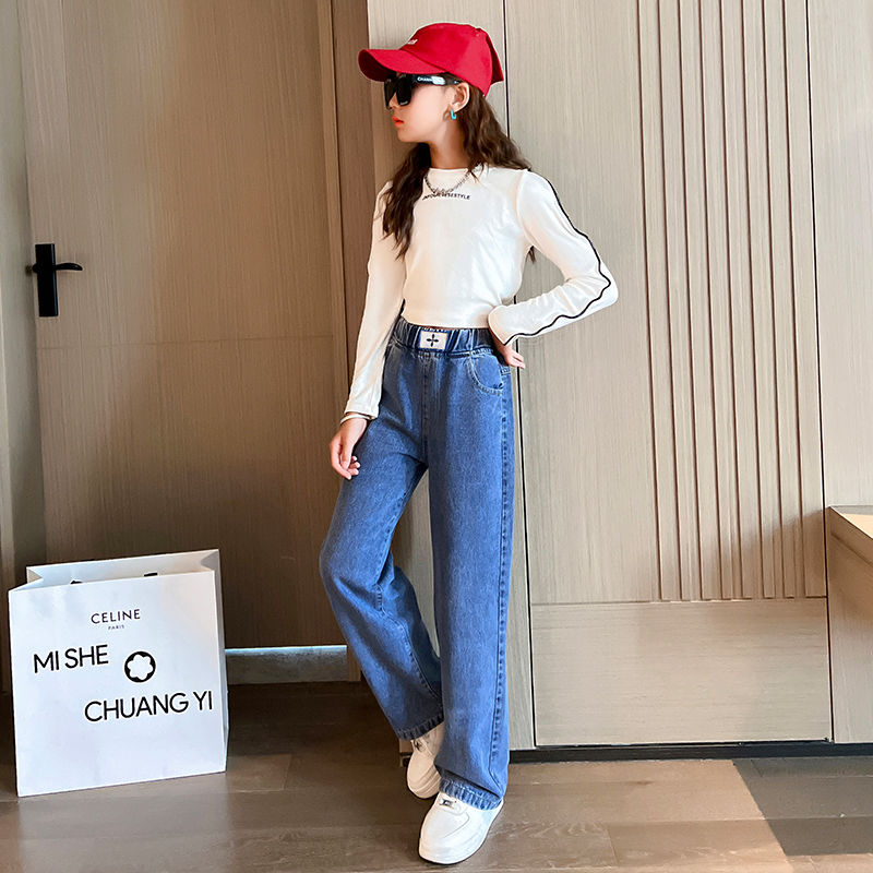 Girls' Pants Spring and Autumn 2024 Children's New Medium and Big Children Loose Western Style Casual Jeans Wide-Leg Pants for Students