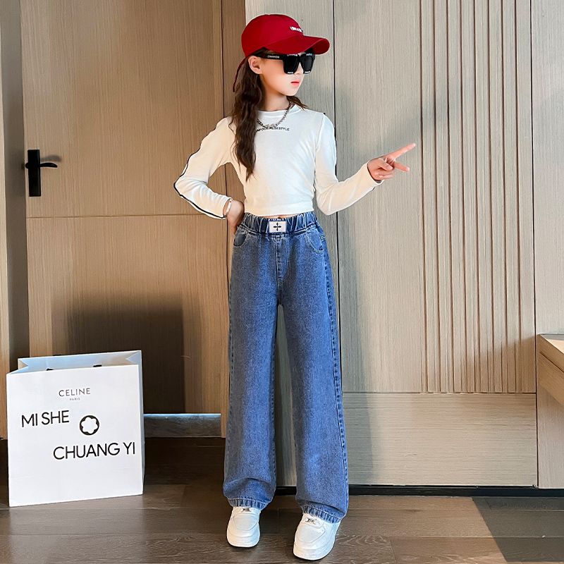 Girls' Pants Spring and Autumn 2024 Children's New Medium and Big Children Loose Western Style Casual Jeans Wide-Leg Pants for Students