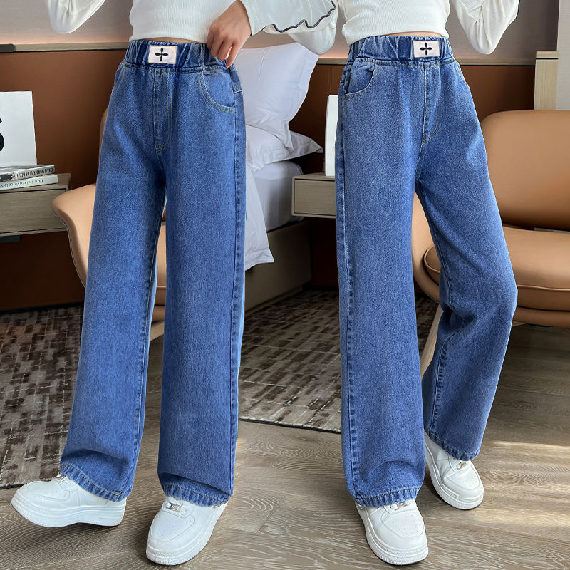 Girls' Pants Spring and Autumn 2024 Children's New Medium and Big Children Loose Western Style Casual Jeans Wide-Leg Pants for Students