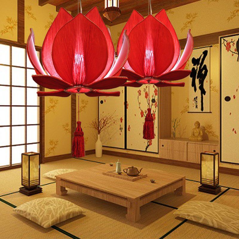 New Chinese Lotus Pendant Lamp Creative Fabric Chinese Style Lotus Antique Buddhist Hall Zen Tea House Room Restaurant Lantern