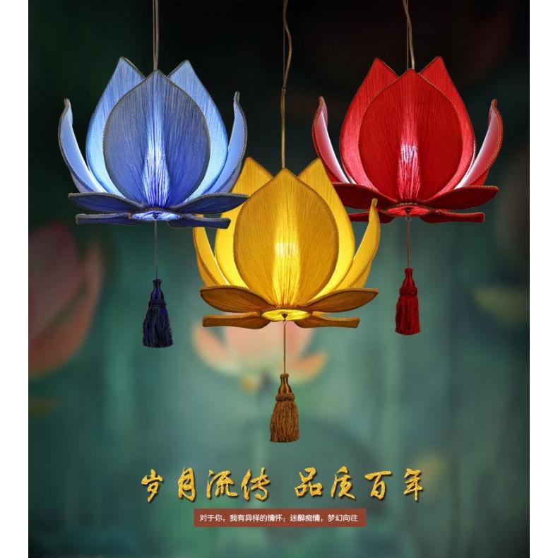 New Chinese Lotus Pendant Lamp Creative Fabric Chinese Style Lotus Antique Buddhist Hall Zen Tea House Room Restaurant Lantern