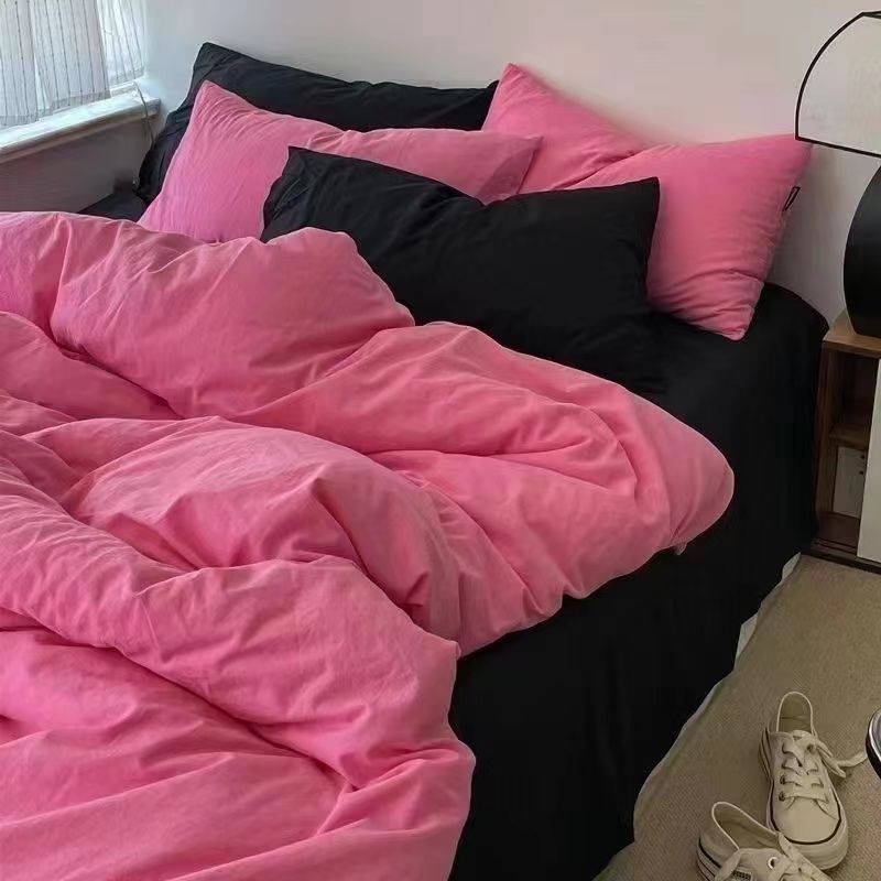 raspberry pink four-piece set washed cotton duvet cover solid color bed sheet double fusion quilt sheet student dormitory three-piece set