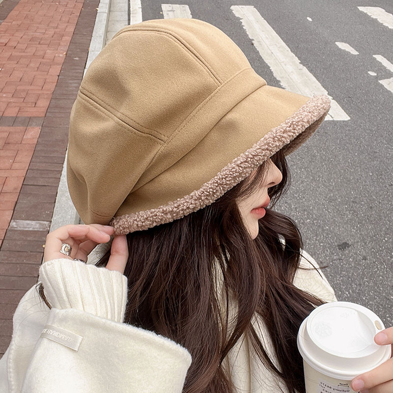 autumn and winter hat female bucket hat fleece-lined japanese cold protection earflaps internet celebrity bucket hat casual lamb wool octagonal beret