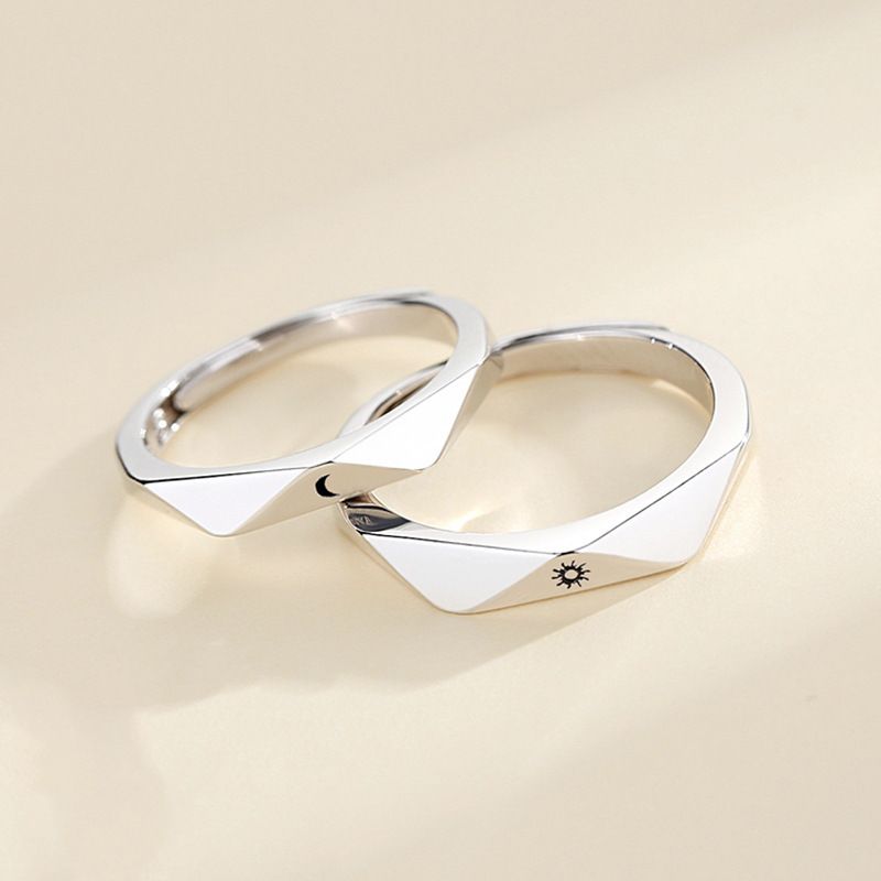 Rhombus Sun Moon 925 Silver Couple Ring Men and Women's One Pair Long Distance Love Ring Simple Sun Moon Opening Couple Rings