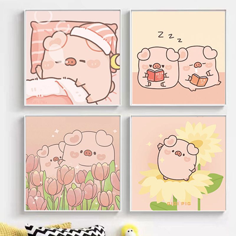 cute pig digital oil painting diy filling coloring handmade and hand-painted cartoon pig couple acrylic decoration hanging