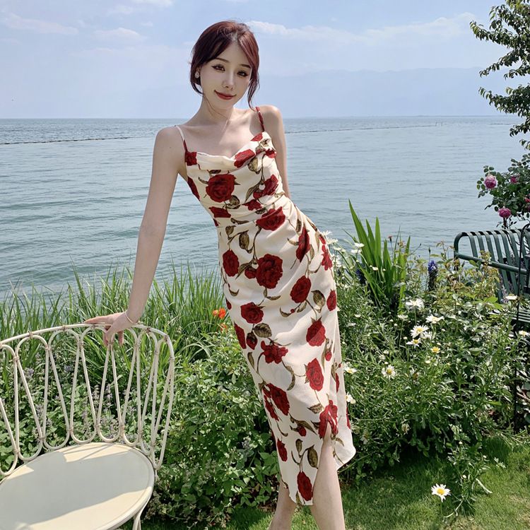 2023 new square collar sweet floral strap dress for women xiacnee want style irregular side slit gentle dress