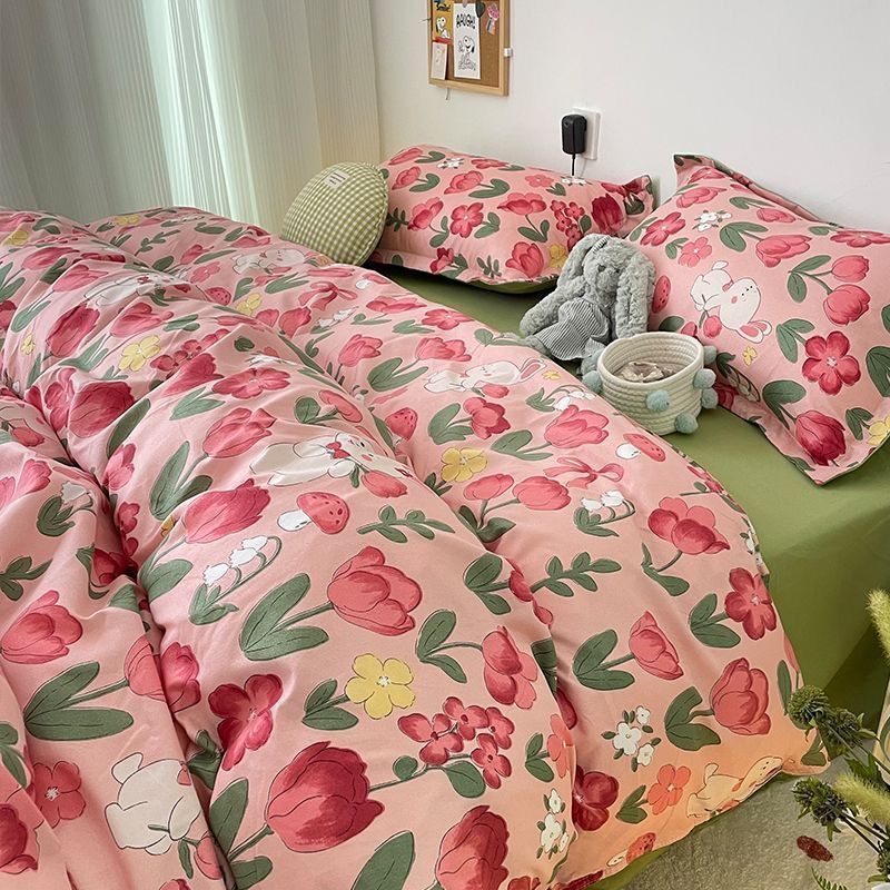 tulip rabbit bed sheet four-piece set cute 4-piece bedding two-piece set student three-piece set