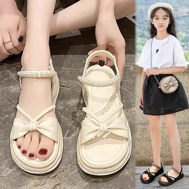 2024 summer new fashion wild casual sandals temperament beads princess shoes thick bottom soft-soled girls sandals