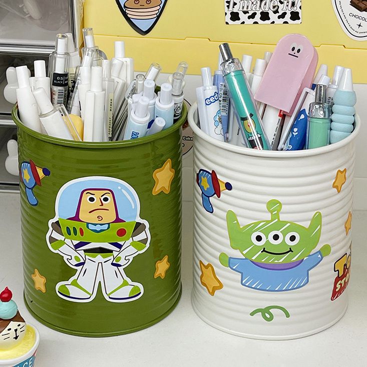 three-eyed alien series small iron bucket pen storage american girl heart desktop creativity cute office stationery makeup brush can