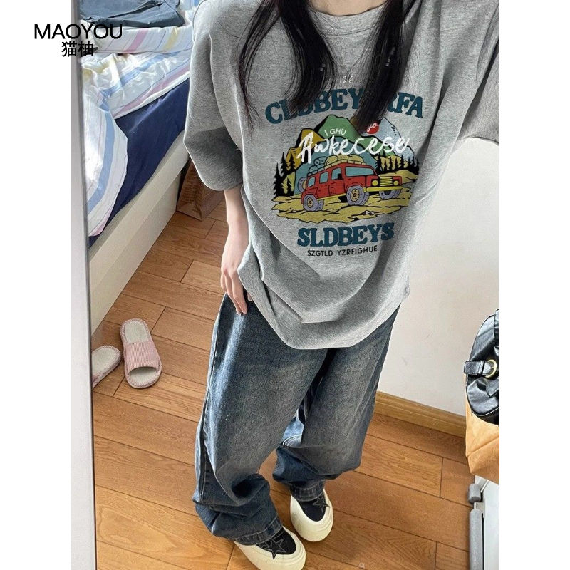 maoyou100% cotton harajuku style gray short sleeve t-shirt female summer new loose american retro half sleeve top