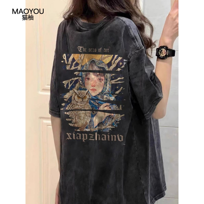 maoyou100% cotton oversize american retro washed distressed black short-sleeved t-shirt women‘s summer top