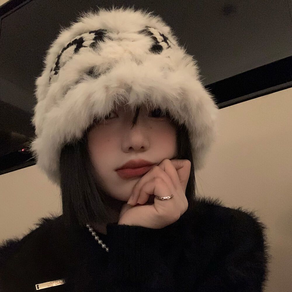 rabbit fur knitted plush bonnet women‘s autumn and winter furry tiger head xingshi bucket hat cute face-looking small wool hat