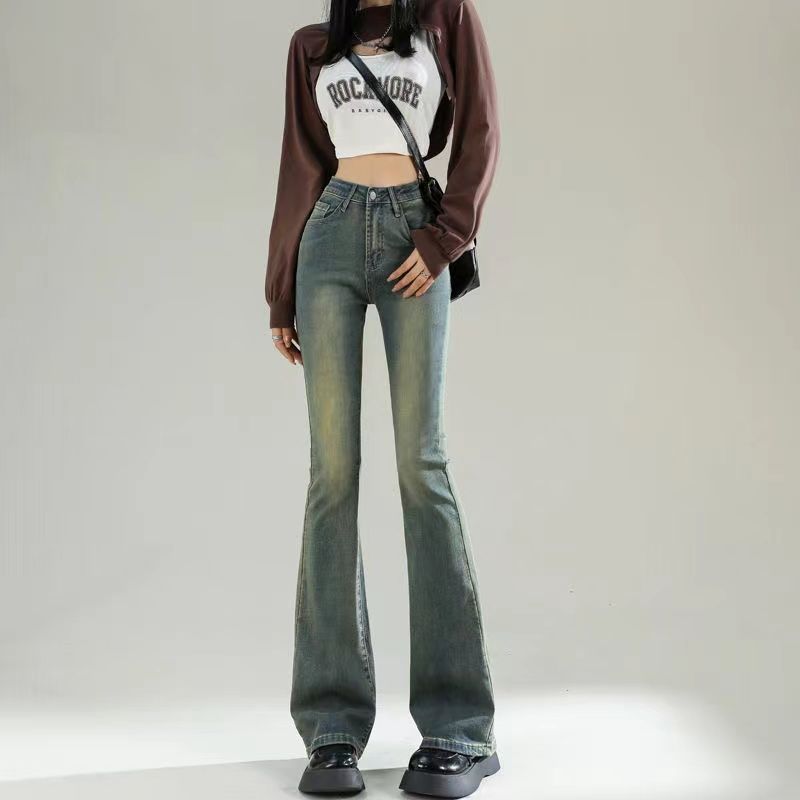 retro slightly flared jeans women‘s spring and autumn all-match new high waist straight slim slimming small horseshoe pants