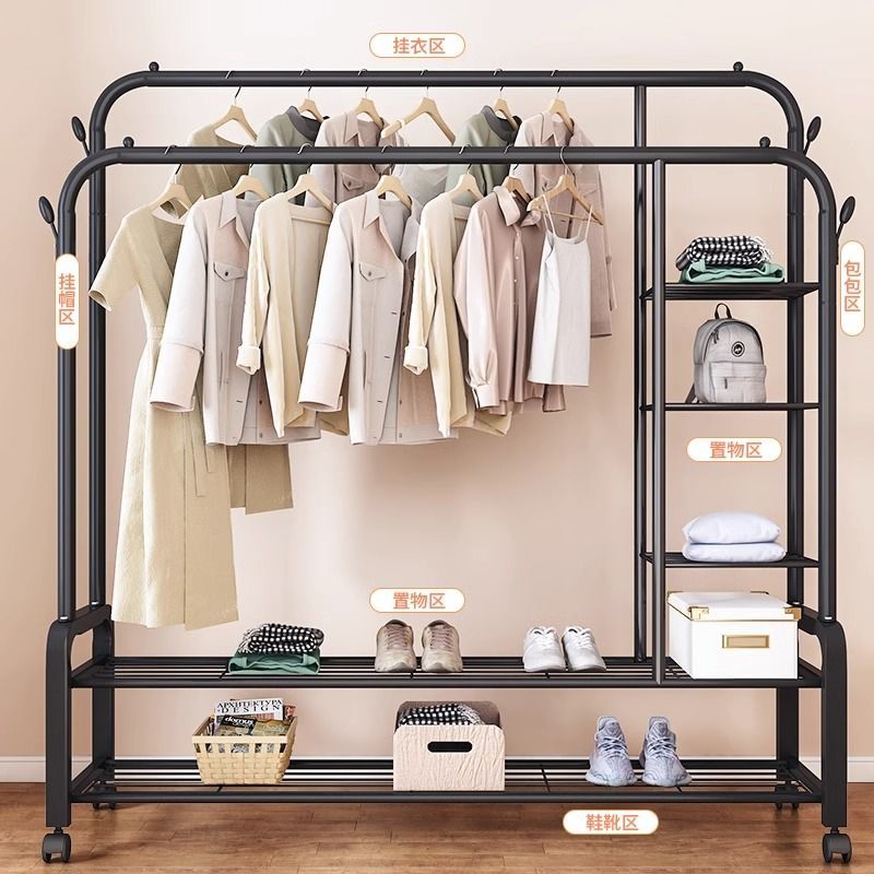 simple clothes hanger floor bedroom balcony double pole storage drying cloth rack thick movable coat rack