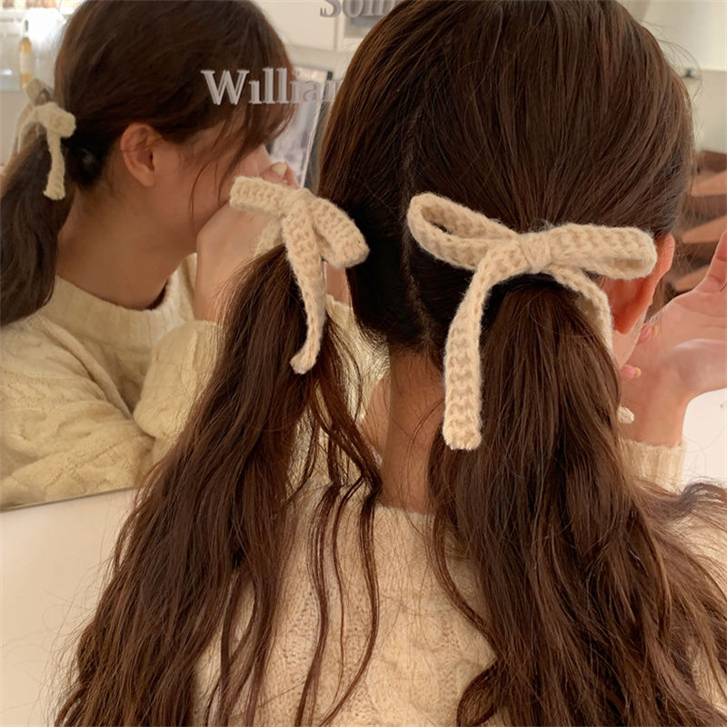 wool bow hair rope all-match streamer hair tie soft girl double ponytail rubber band tie hair accessory for ponytail maiden style headdress