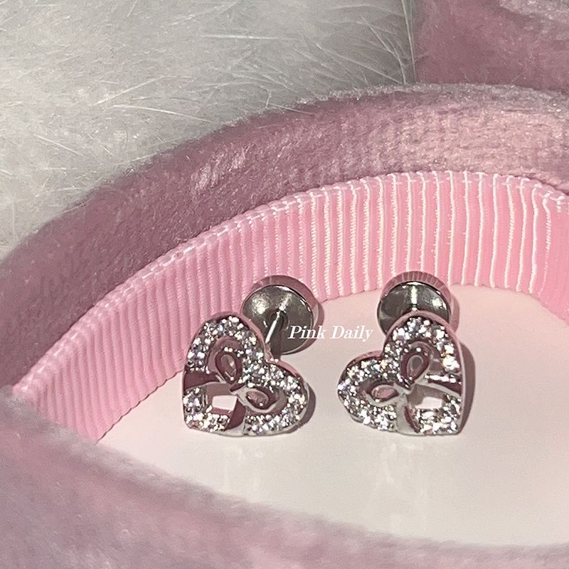 pinkdaily fully jeweled loving heart bow ear bone stud flat screw ear ear bone pin titanium steel no need to take off earrings super flash