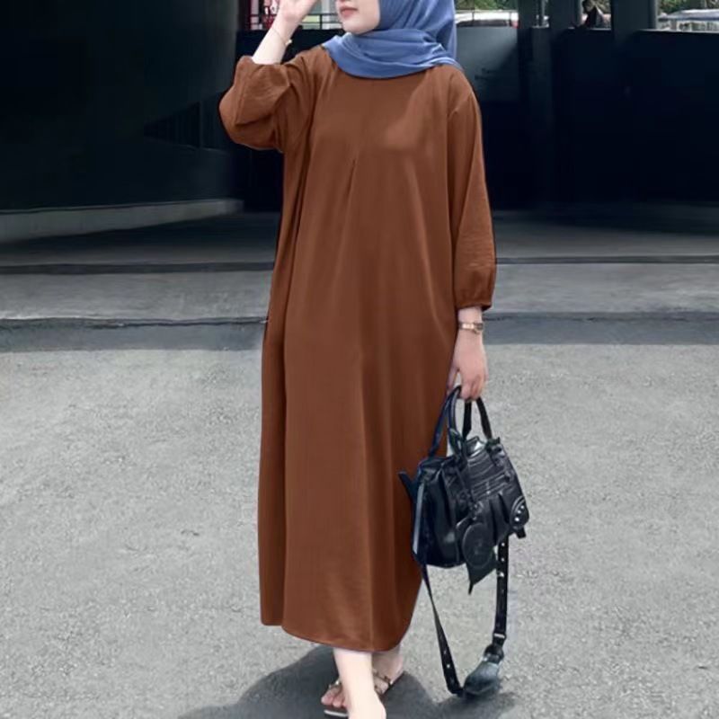 new foreign trade muslim women‘s bubble sleeve solid color vest robe women‘s dress in stock