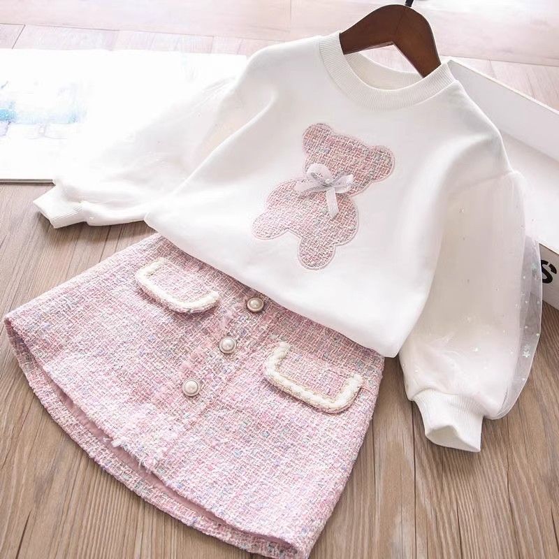 girls‘ spring and autumn  suit 2024 new western style medium and big children fashion sweater casual short skirt set