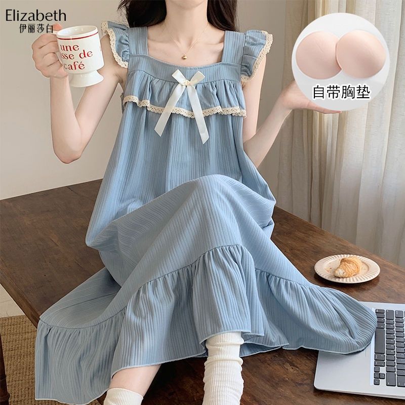 elizabeth flying sleeve nightdress women‘s summer princess style with chest pad sweet new pajamas long home wear