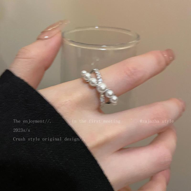 french pearl cross design ring female fashion personality all-match index finger ring high sense opening adjustable ring