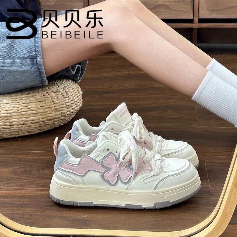 beibele thick-soled clover sneakers for women 2024 spring and autumn new breathable niche casual all-matching sports white shoes