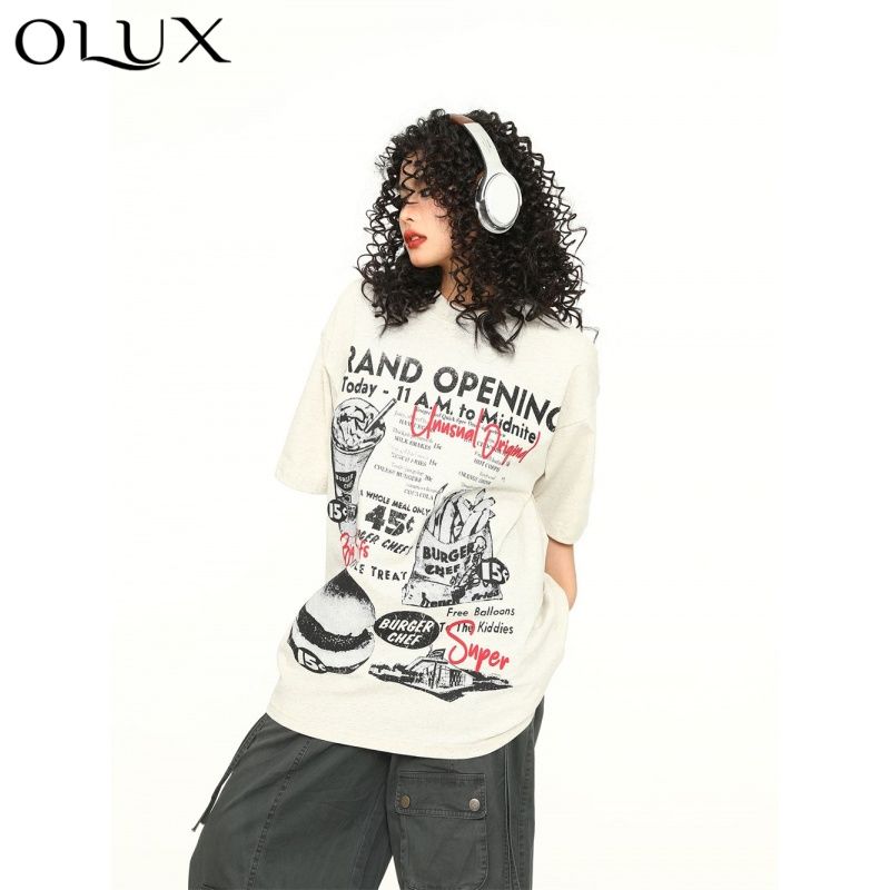 olux american street hamburger printed short-sleeved t-shirt female 100% cotton summer design sense loose couple‘s tops