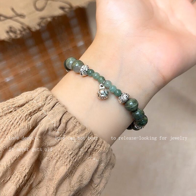 new chinese retro natural stone beaded lotus seedpod bracelet female special-interest design ethnic style dark green bracelet ornament