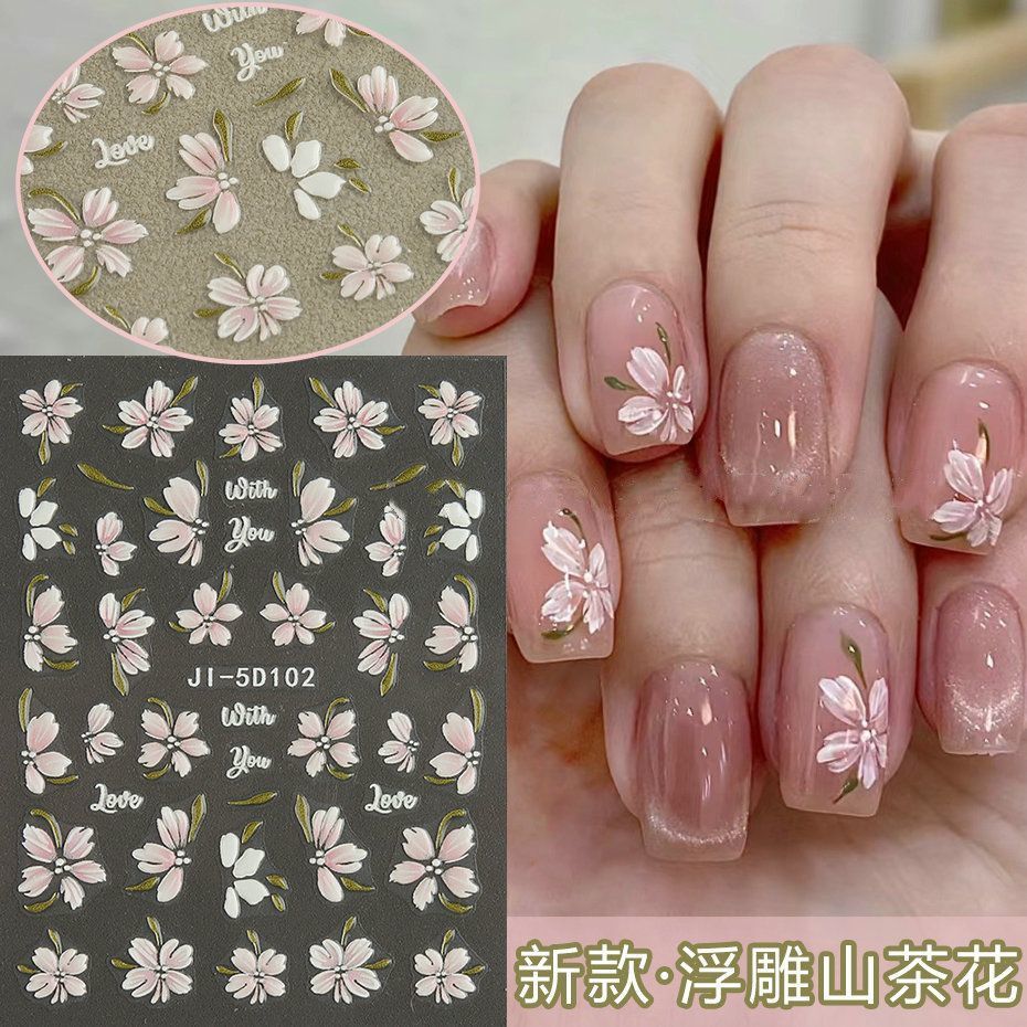 new camellia 5d relief nail stickers three-dimensional fresh ice flower hand-painted three-dimensional nail flower jewelry stickers